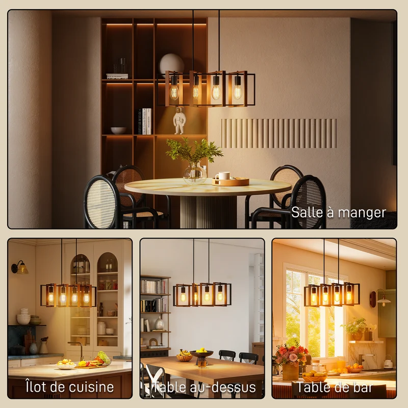 Suspension luminaire salon 80 x 21 x 90-130 cm 4 cadres hauteur réglable éclairage modulable rustique en bois noyer 21_0007058