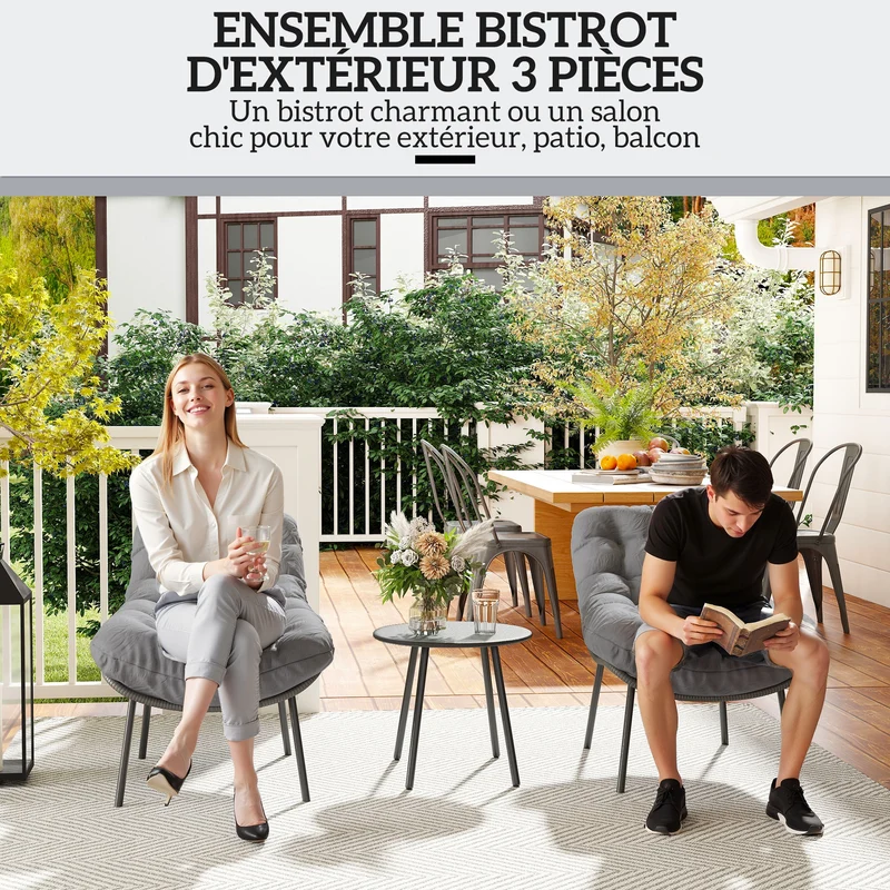 Salon de jardin 2 places balcon 66 x 99 x 73 cm coussins 15 cm assise enveloppante moderne cosy en résine tressée gris 21_0006020