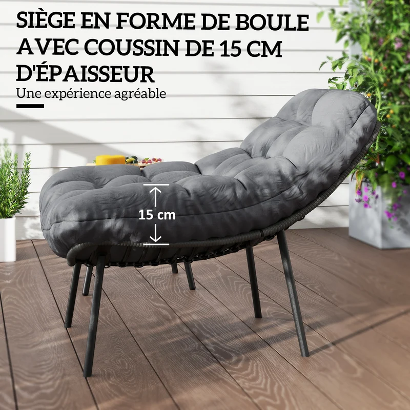 Salon de jardin 2 places balcon 66 x 99 x 73 cm coussins 15 cm assise enveloppante moderne cosy en résine tressée gris 21_0006020