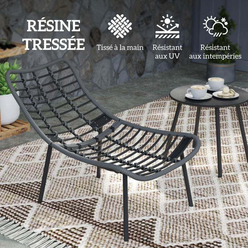 Salon de jardin 2 places balcon 66 x 99 x 73 cm coussins 15 cm assise enveloppante moderne cosy en résine tressée gris 21_0006020