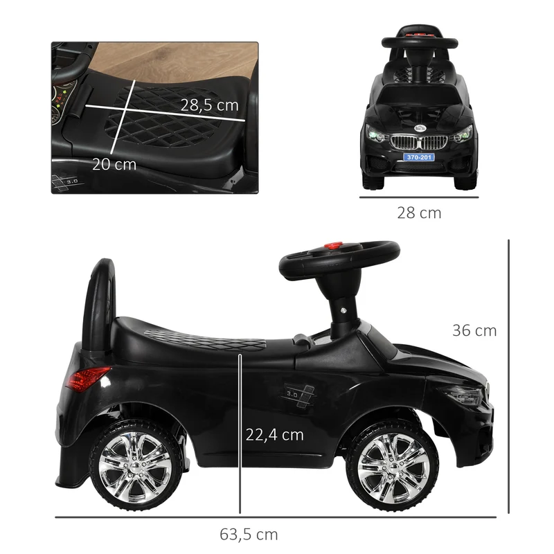 Porteur voiture enfant 63,5 x 28 x 36 cm anti basculement rangement sous siège musique klaxon design moderne en PP noir 21_0000503