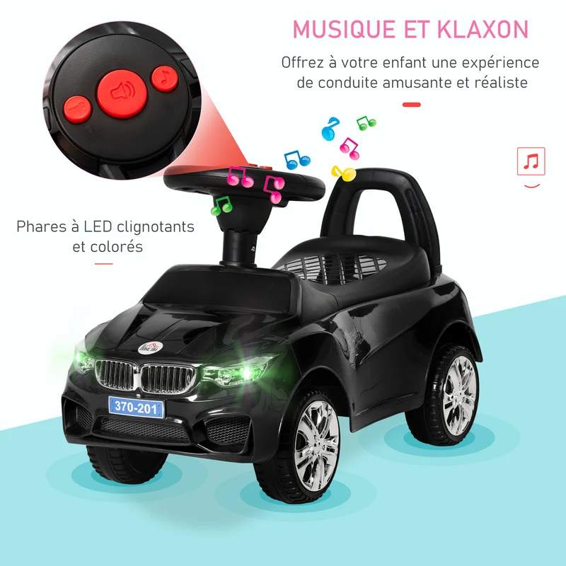 Porteur voiture enfant 63,5 x 28 x 36 cm anti basculement rangement sous siège musique klaxon design moderne en PP noir 21_0000503