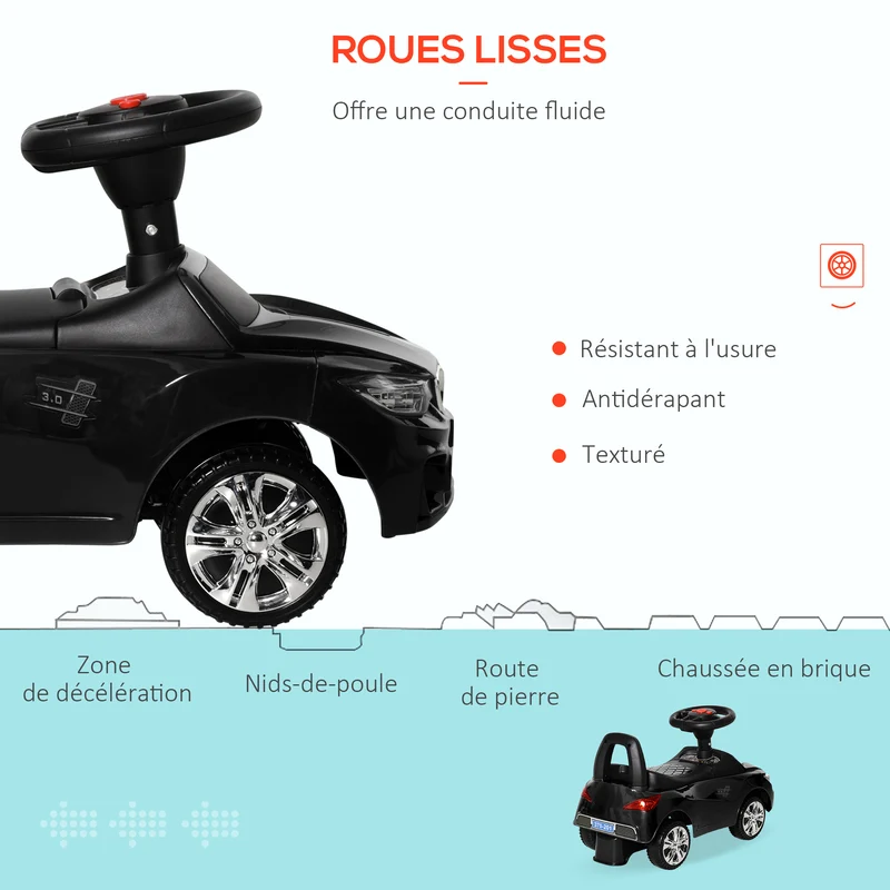 Porteur voiture enfant 63,5 x 28 x 36 cm anti basculement rangement sous siège musique klaxon design moderne en PP noir 21_0000503