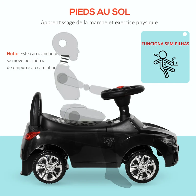 Porteur voiture enfant 63,5 x 28 x 36 cm anti basculement rangement sous siège musique klaxon design moderne en PP noir 21_0000503