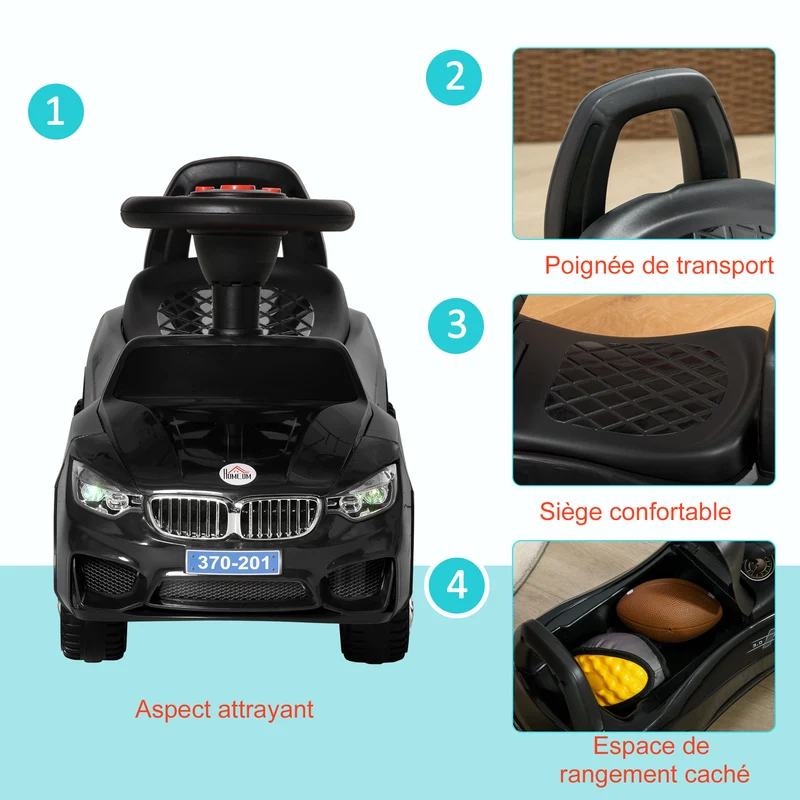 Porteur voiture enfant 63,5 x 28 x 36 cm anti basculement rangement sous siège musique klaxon design moderne en PP noir 21_0000503