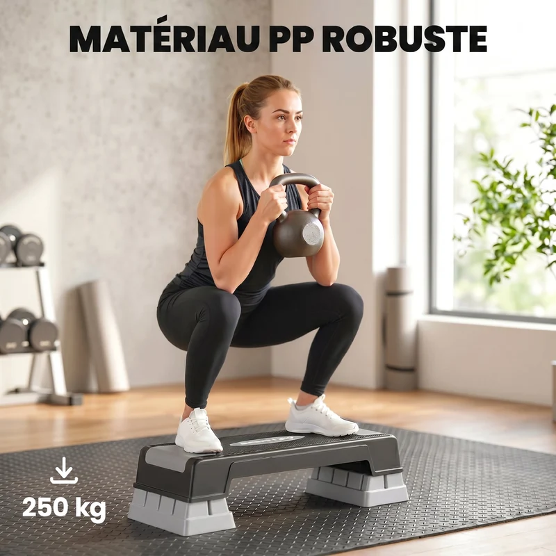 Plateforme d'aérobic 75 x 29 x 12/17.5/22.5 cm hauteur réglable charge maximale recommandée 250 kg moderne en PP gris 21_0006744