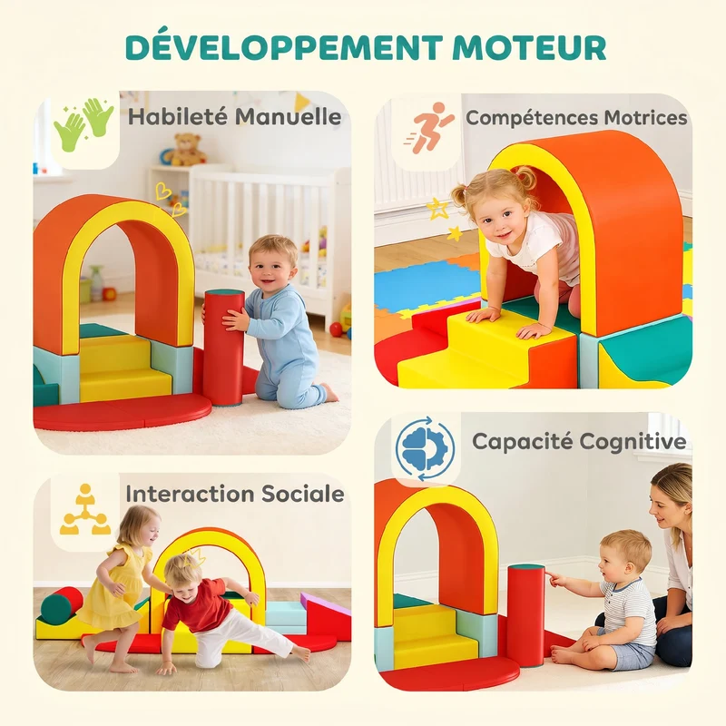 Parcours motricité pour bébé modulable 10 pièces 152 x 82 x 70 cm antidérapant lavable moderne scandinave en PU gris 21_0000739