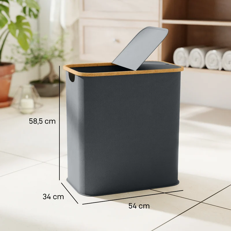 Panier à linge double pliable maison 54 x 34 x 58.5 cm 80 l deux compartiments anti odeurs contemporain en bambou gris 21_0005868