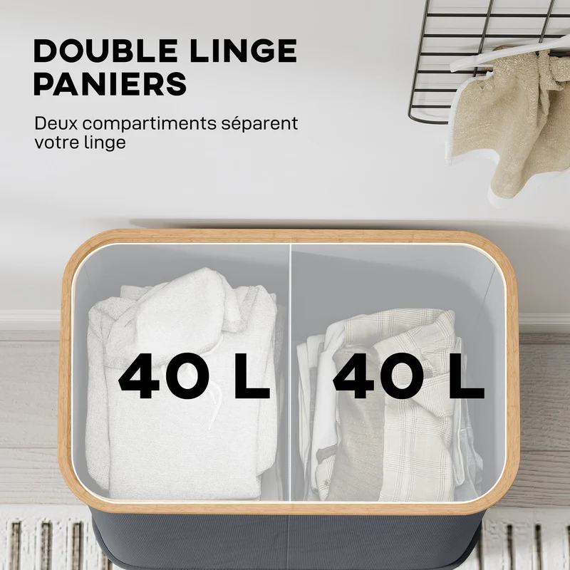 Panier à linge double pliable maison 54 x 34 x 58.5 cm 80 l deux compartiments anti odeurs contemporain en bambou gris 21_0005868