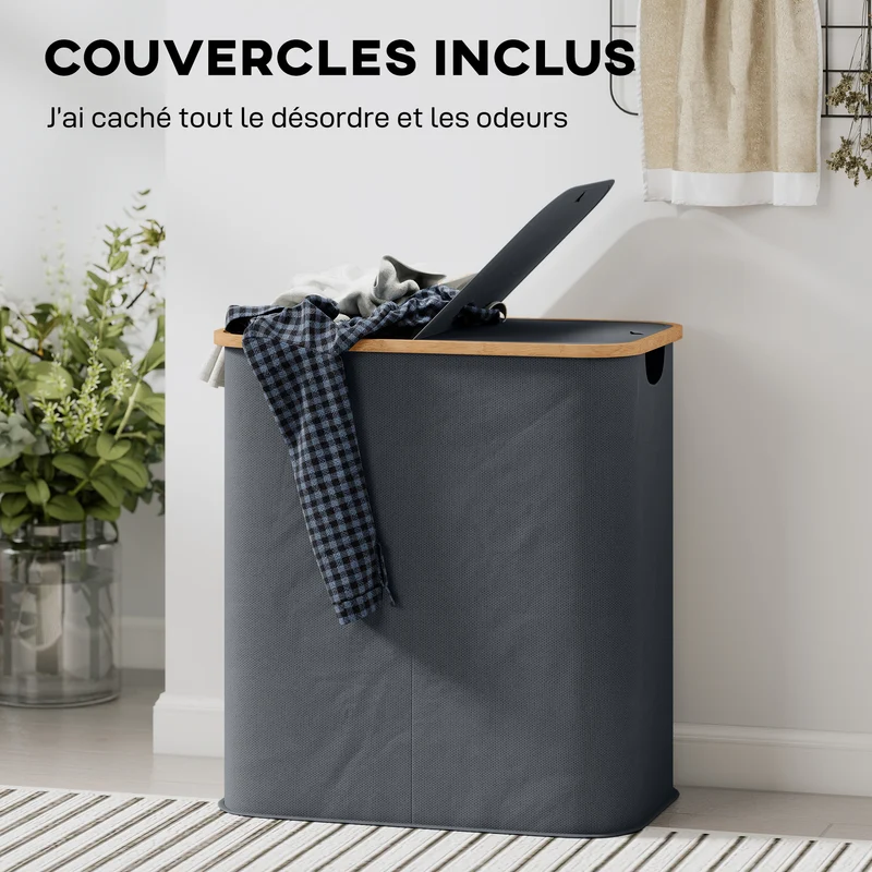 Panier à linge double pliable maison 54 x 34 x 58.5 cm 80 l deux compartiments anti odeurs contemporain en bambou gris 21_0005868