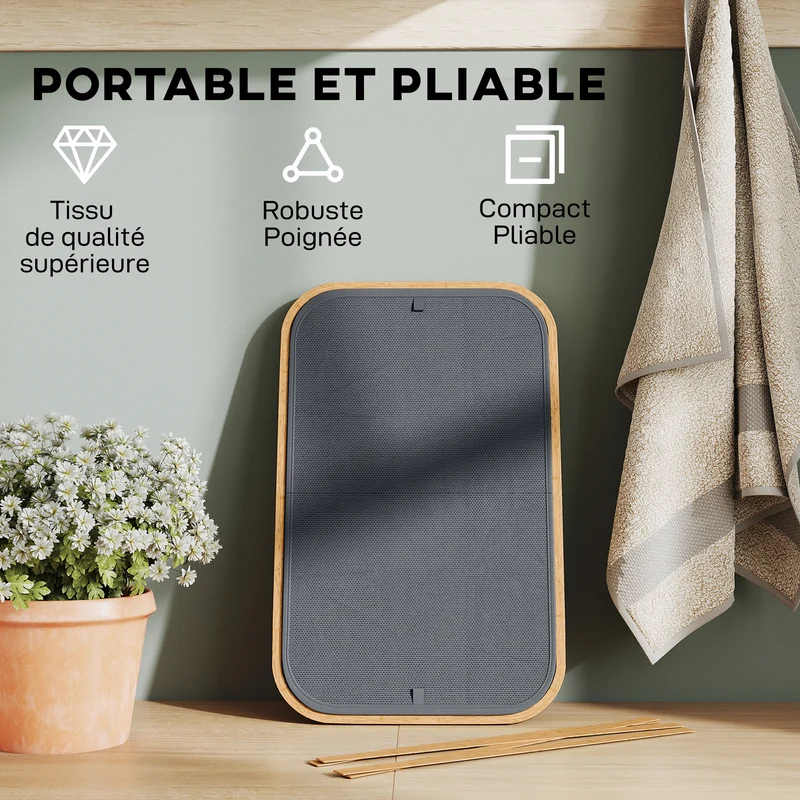 Panier à linge double pliable maison 54 x 34 x 58.5 cm 80 l deux compartiments anti odeurs contemporain en bambou gris 21_0005868