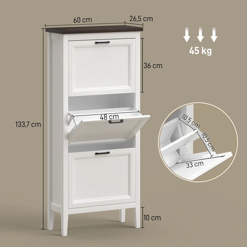 Meuble à chaussures d'entrée étroit 60 x 26.5 x 133.7 cm rangement modulable gain de place style rustique en MDF blanc 21_0002810