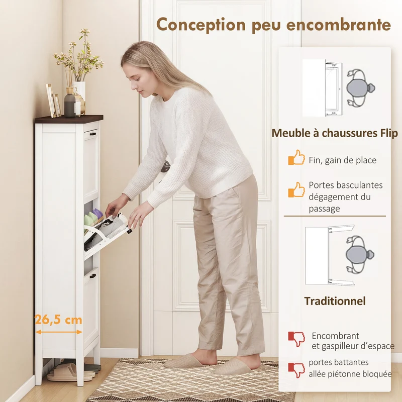 Meuble à chaussures d'entrée étroit 60 x 26.5 x 133.7 cm rangement modulable gain de place style rustique en MDF blanc 21_0002810
