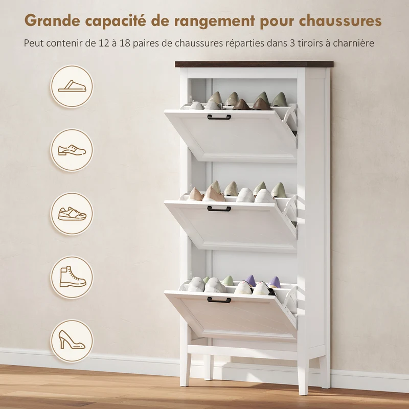 Meuble à chaussures d'entrée étroit 60 x 26.5 x 133.7 cm rangement modulable gain de place style rustique en MDF blanc 21_0002810