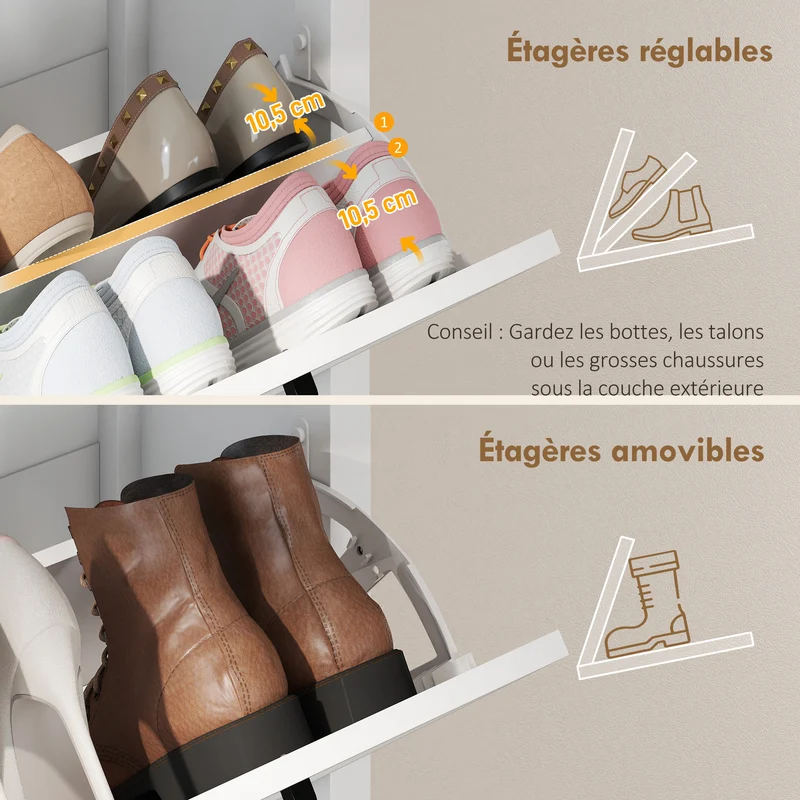 Meuble à chaussures d'entrée étroit 60 x 26.5 x 133.7 cm rangement modulable gain de place style rustique en MDF blanc 21_0002810