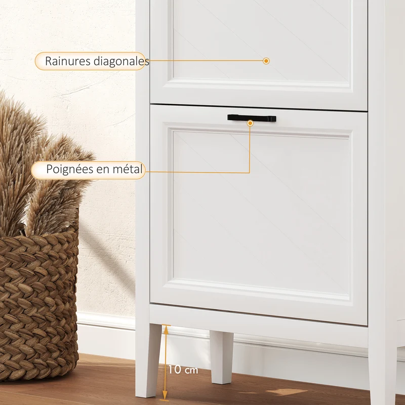 Meuble à chaussures d'entrée étroit 60 x 26.5 x 133.7 cm rangement modulable gain de place style rustique en MDF blanc 21_0002810
