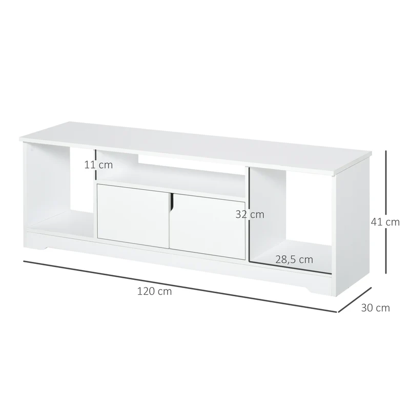 Meuble télévision bas 120 x 30 x 41 cm compact épuré trois niches placard double porte en panneaux de particules blanc 21_0001827