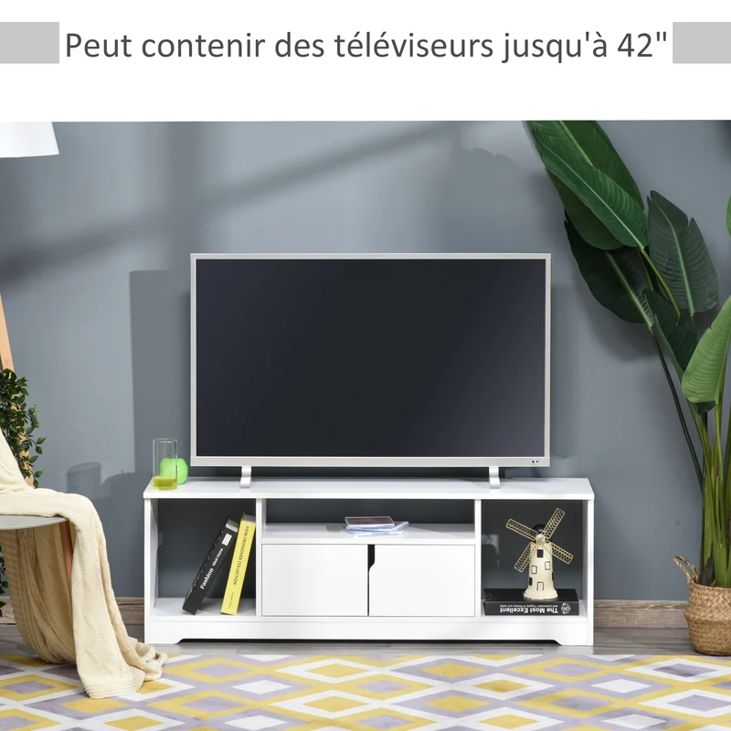 Meuble télévision bas 120 x 30 x 41 cm compact épuré trois niches placard double porte en panneaux de particules blanc 21_0001827