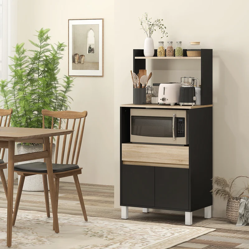 Meuble micro-ondes buffet cuisine 60 x 40 x 131 cm compact rangements sécurisé scandinave en panneau de particules noir 21_0003196