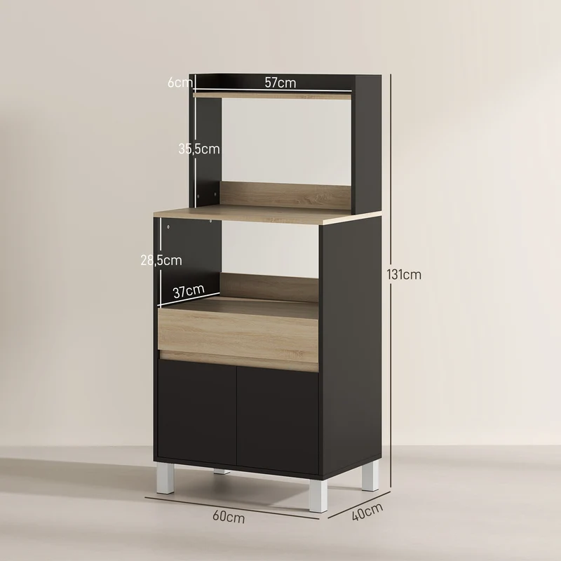 Meuble micro-ondes buffet cuisine 60 x 40 x 131 cm compact rangements sécurisé scandinave en panneau de particules noir 21_0003196