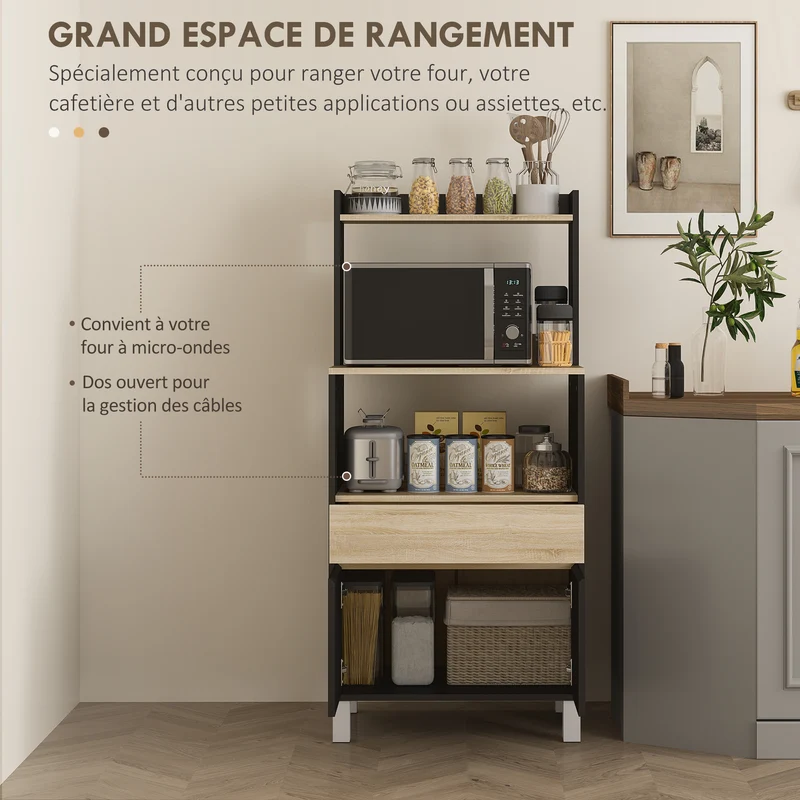 Meuble micro-ondes buffet cuisine 60 x 40 x 131 cm compact rangements sécurisé scandinave en panneau de particules noir 21_0003196