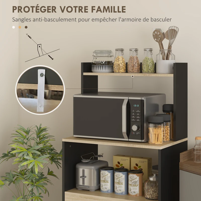 Meuble micro-ondes buffet cuisine 60 x 40 x 131 cm compact rangements sécurisé scandinave en panneau de particules noir 21_0003196