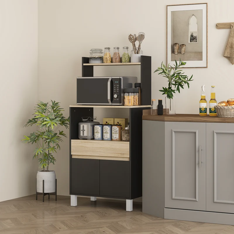 Meuble micro-ondes buffet cuisine 60 x 40 x 131 cm compact rangements sécurisé scandinave en panneau de particules noir 21_0003196