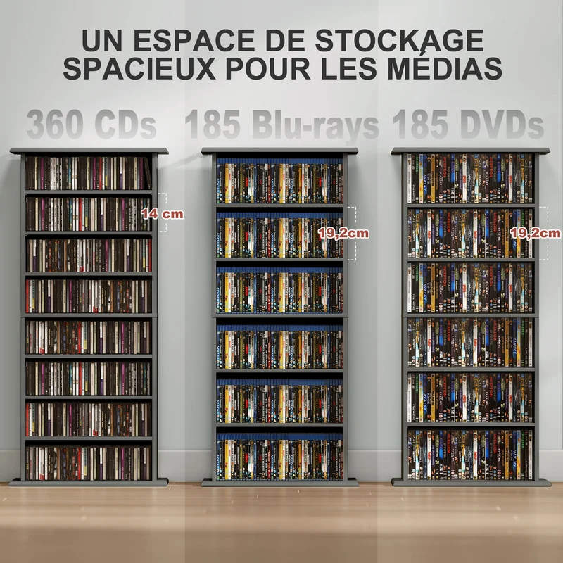 Meuble de rangement cds dvd 58 x 24 x 126,3 cm 8 compartiments 6 étagères réglables épuré en panneau de particules gris 21_0002519