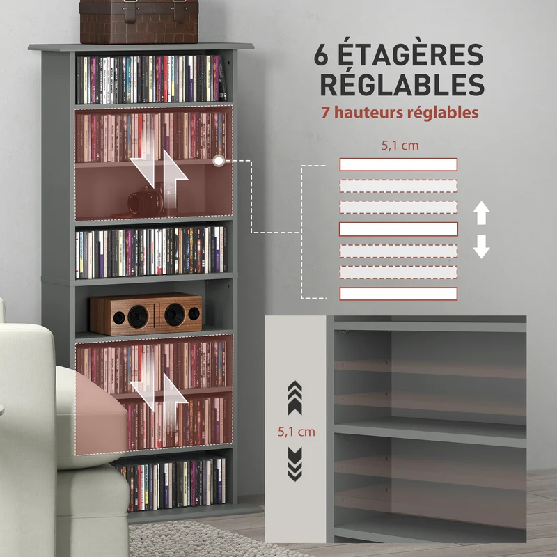 Meuble de rangement cds dvd 58 x 24 x 126,3 cm 8 compartiments 6 étagères réglables épuré en panneau de particules gris 21_0002519