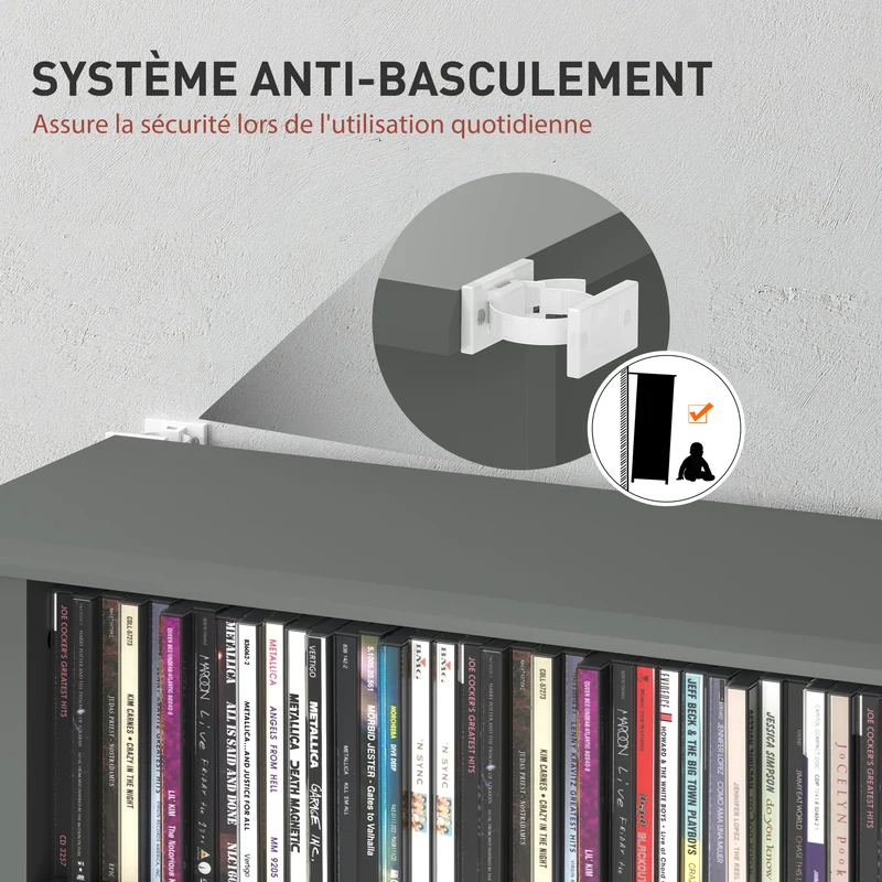 Meuble de rangement cds dvd 58 x 24 x 126,3 cm 8 compartiments 6 étagères réglables épuré en panneau de particules gris 21_0002519
