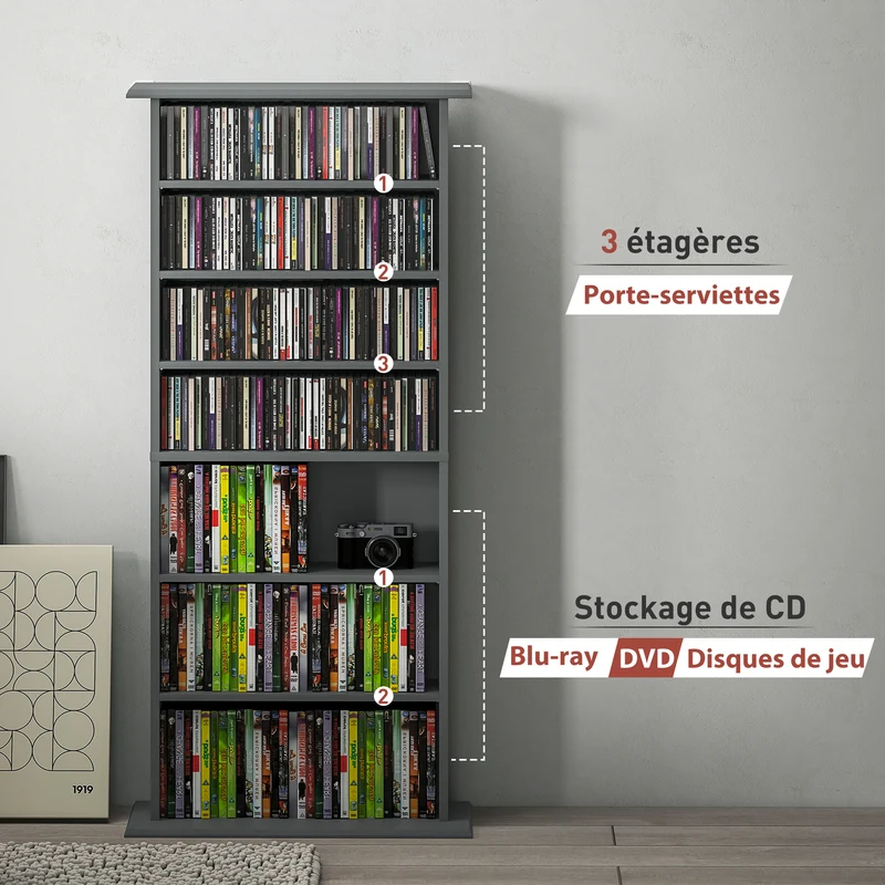 Meuble de rangement cds dvd 58 x 24 x 126,3 cm 8 compartiments 6 étagères réglables épuré en panneau de particules gris 21_0002519