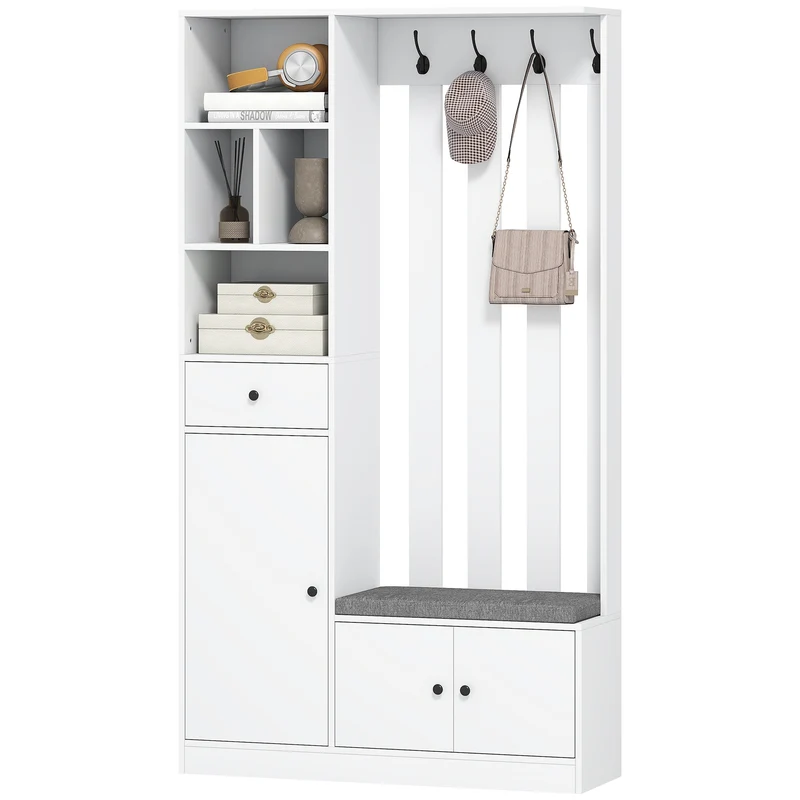 Meuble d'entrée vestiaire 100 x 30 x 180 cm assise rembourrée rangement dissimulé épuré contemporain stable en MDF blanc 21_0002782