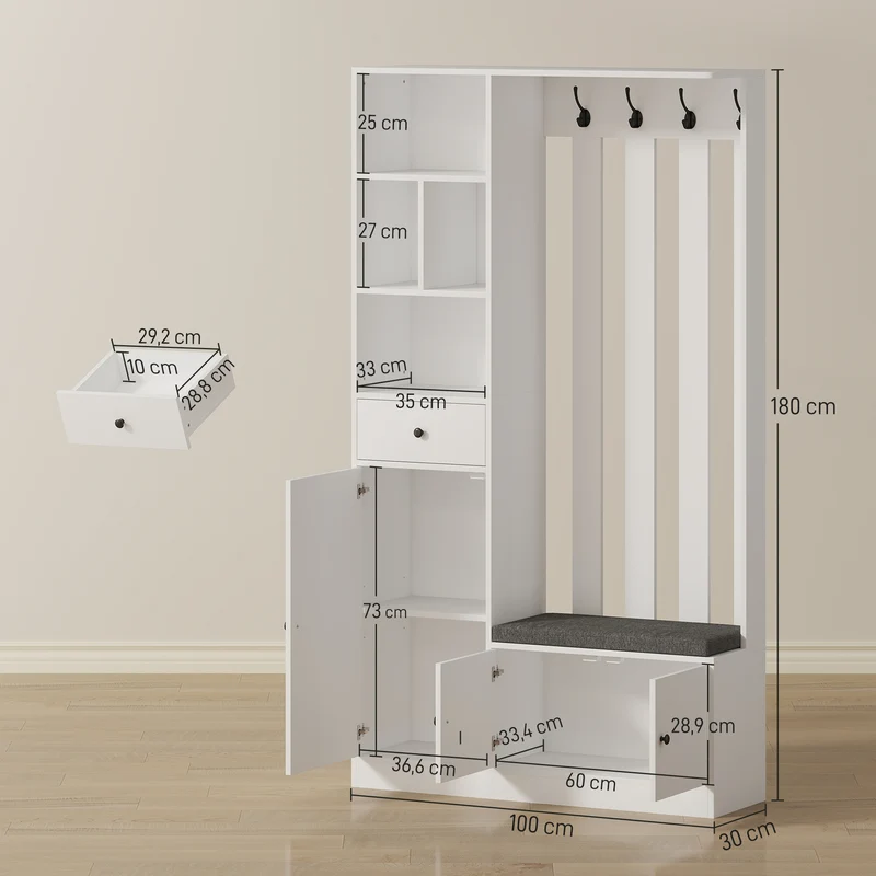 Meuble d'entrée vestiaire 100 x 30 x 180 cm assise rembourrée rangement dissimulé épuré contemporain stable en MDF blanc 21_0002782