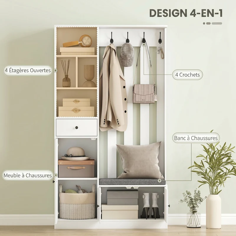 Meuble d'entrée vestiaire 100 x 30 x 180 cm assise rembourrée rangement dissimulé épuré contemporain stable en MDF blanc 21_0002782