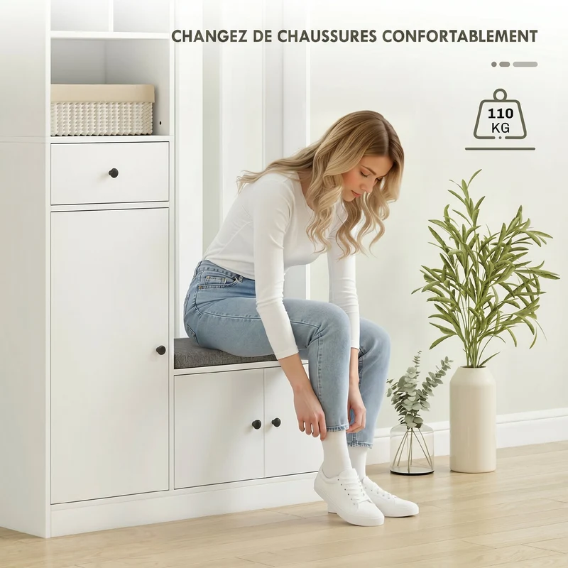 Meuble d'entrée vestiaire 100 x 30 x 180 cm assise rembourrée rangement dissimulé épuré contemporain stable en MDF blanc 21_0002782