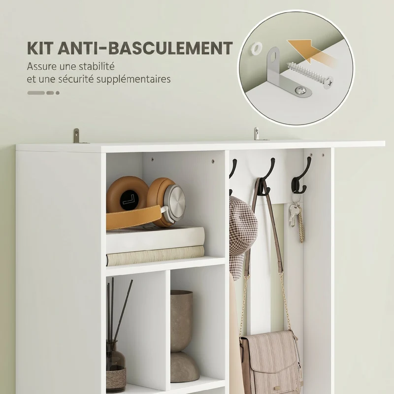 Meuble d'entrée vestiaire 100 x 30 x 180 cm assise rembourrée rangement dissimulé épuré contemporain stable en MDF blanc 21_0002782