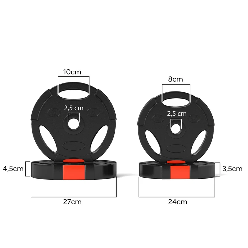 Lot de 4 disques de poids pour barre 27 x 4,5 cm et 24 x 3,5 cm trois poignées protège sol moderne en polypropylène noir 21_0006862