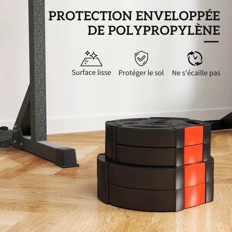 Lot de 4 disques de poids pour barre 27 x 4,5 cm et 24 x 3,5 cm trois poignées protège sol moderne en polypropylène noir 21_0006862