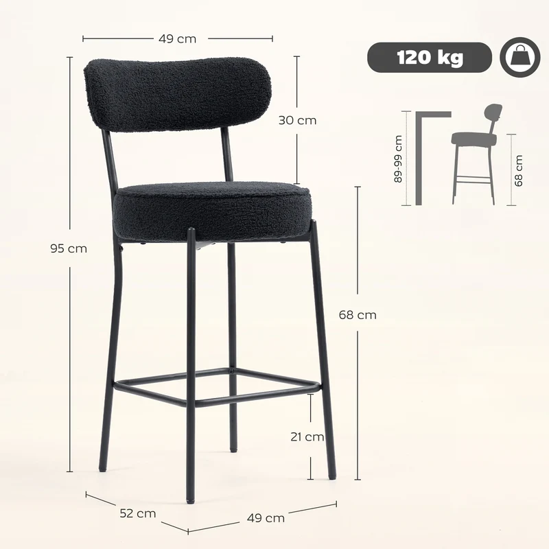 Lot de 2 tabourets de bar dossier courbé 49 x 52 x 95 cm assise rembourrée repose-pieds moderne en tissu bouclette noir 21_0003342