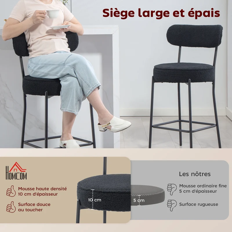 Lot de 2 tabourets de bar dossier courbé 49 x 52 x 95 cm assise rembourrée repose-pieds moderne en tissu bouclette noir 21_0003342
