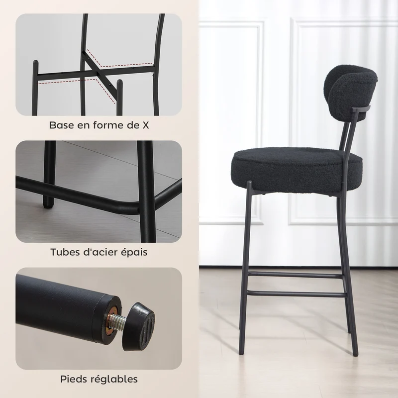 Lot de 2 tabourets de bar dossier courbé 49 x 52 x 95 cm assise rembourrée repose-pieds moderne en tissu bouclette noir 21_0003342