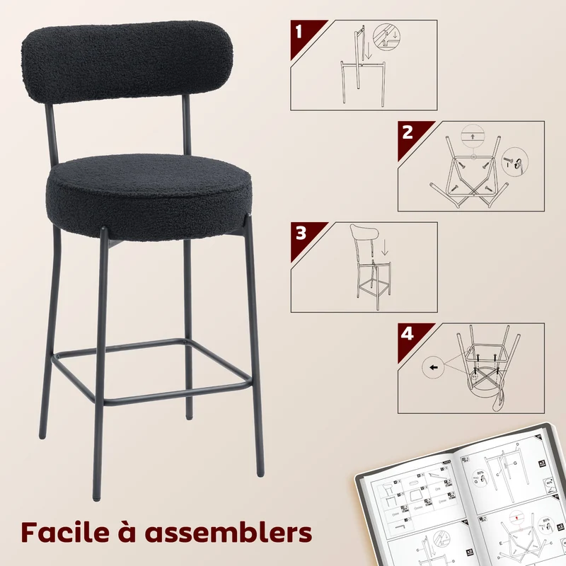 Lot de 2 tabourets de bar dossier courbé 49 x 52 x 95 cm assise rembourrée repose-pieds moderne en tissu bouclette noir 21_0003342