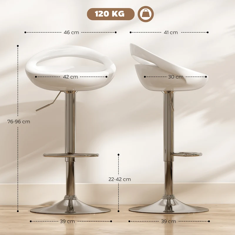 Lot de 2 tabourets de bar 46 x 41 x 76-96 cm hauteur réglable pivotant à 360° pour salon design moderne en métal blanc 21_0002188