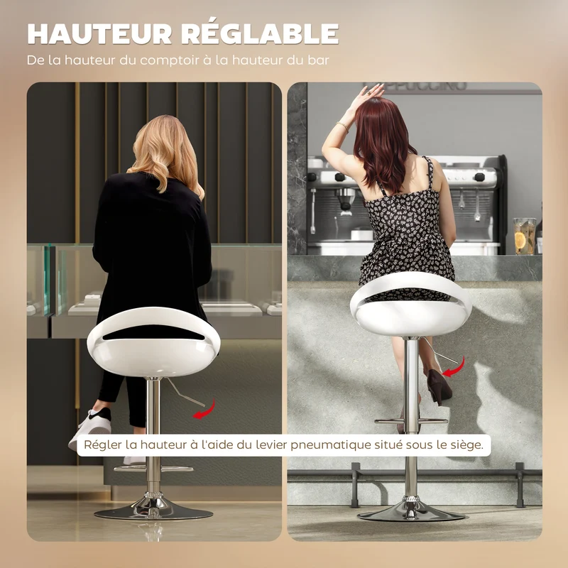 Lot de 2 tabourets de bar 46 x 41 x 76-96 cm hauteur réglable pivotant à 360° pour salon design moderne en métal blanc 21_0002188