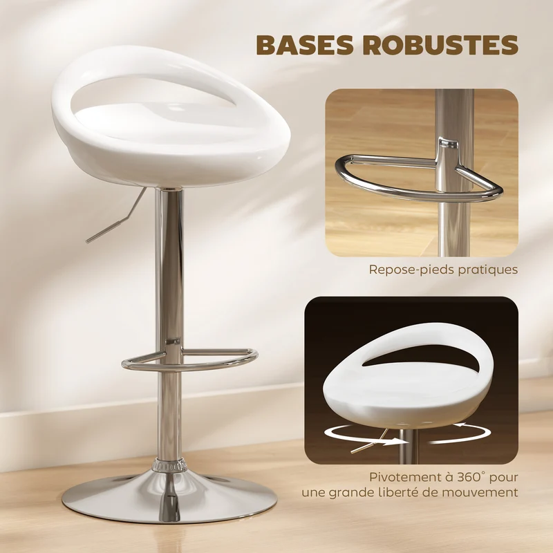 Lot de 2 tabourets de bar 46 x 41 x 76-96 cm hauteur réglable pivotant à 360° pour salon design moderne en métal blanc 21_0002188