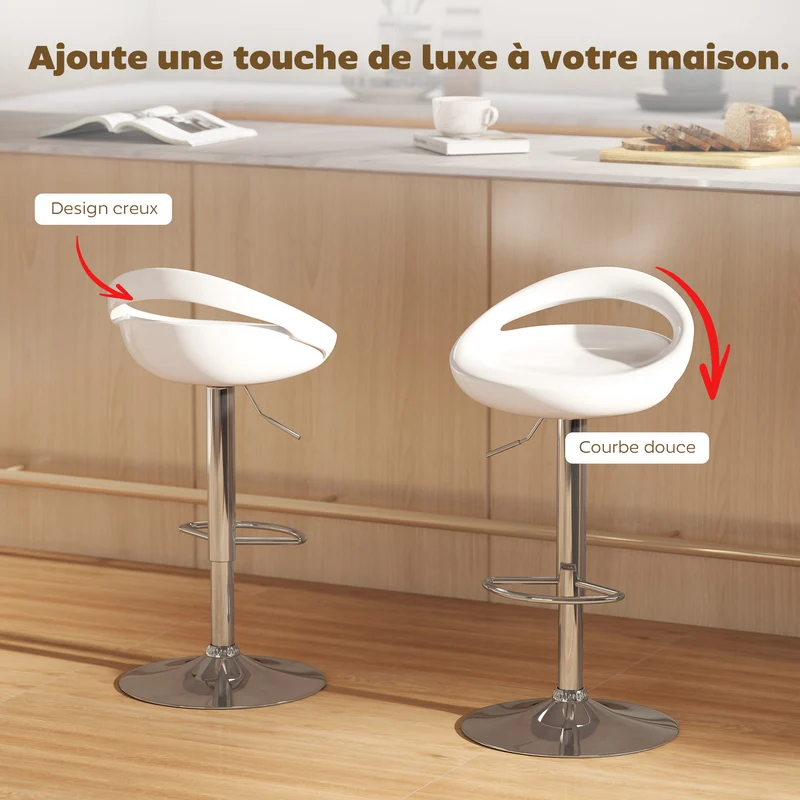 Lot de 2 tabourets de bar 46 x 41 x 76-96 cm hauteur réglable pivotant à 360° pour salon design moderne en métal blanc 21_0002188