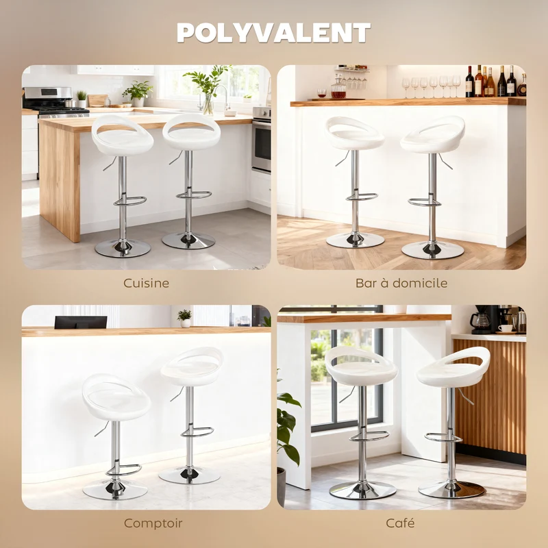 Lot de 2 tabourets de bar 46 x 41 x 76-96 cm hauteur réglable pivotant à 360° pour salon design moderne en métal blanc 21_0002188
