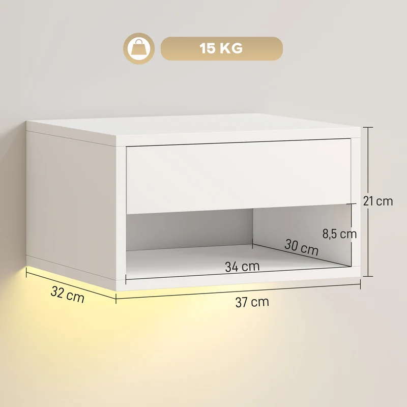 Lot de 2 tables de chevet suspendues 37 x 32 x 21 cm led réglable tiroir étagère moderne en panneau de particules blanc 21_0003764