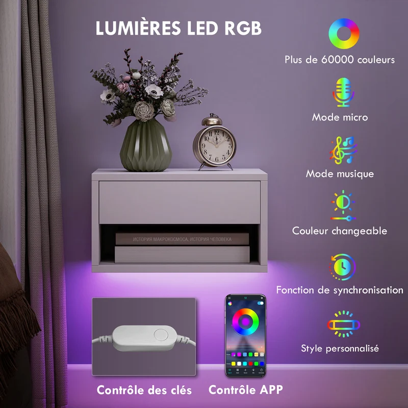 Lot de 2 tables de chevet suspendues 37 x 32 x 21 cm led réglable tiroir étagère moderne en panneau de particules blanc 21_0003764