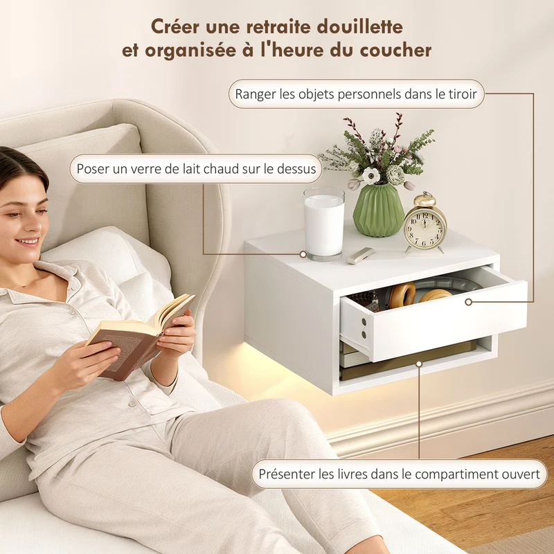 Lot de 2 tables de chevet suspendues 37 x 32 x 21 cm led réglable tiroir étagère moderne en panneau de particules blanc 21_0003764